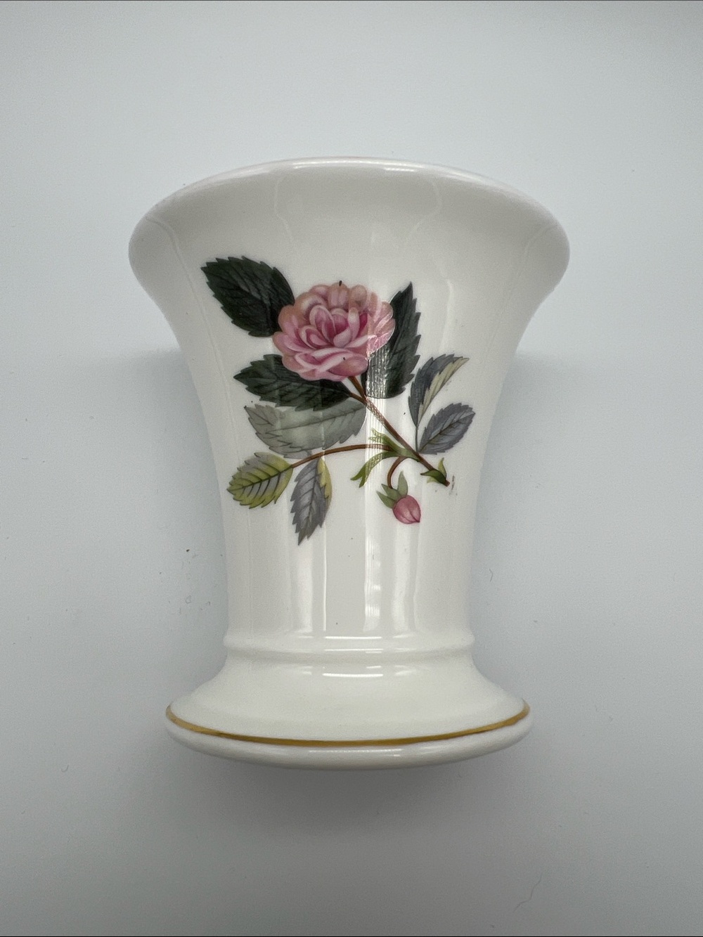 Wedgwood White Porcelain Posy Vase with Pink Rose and Gold Trim